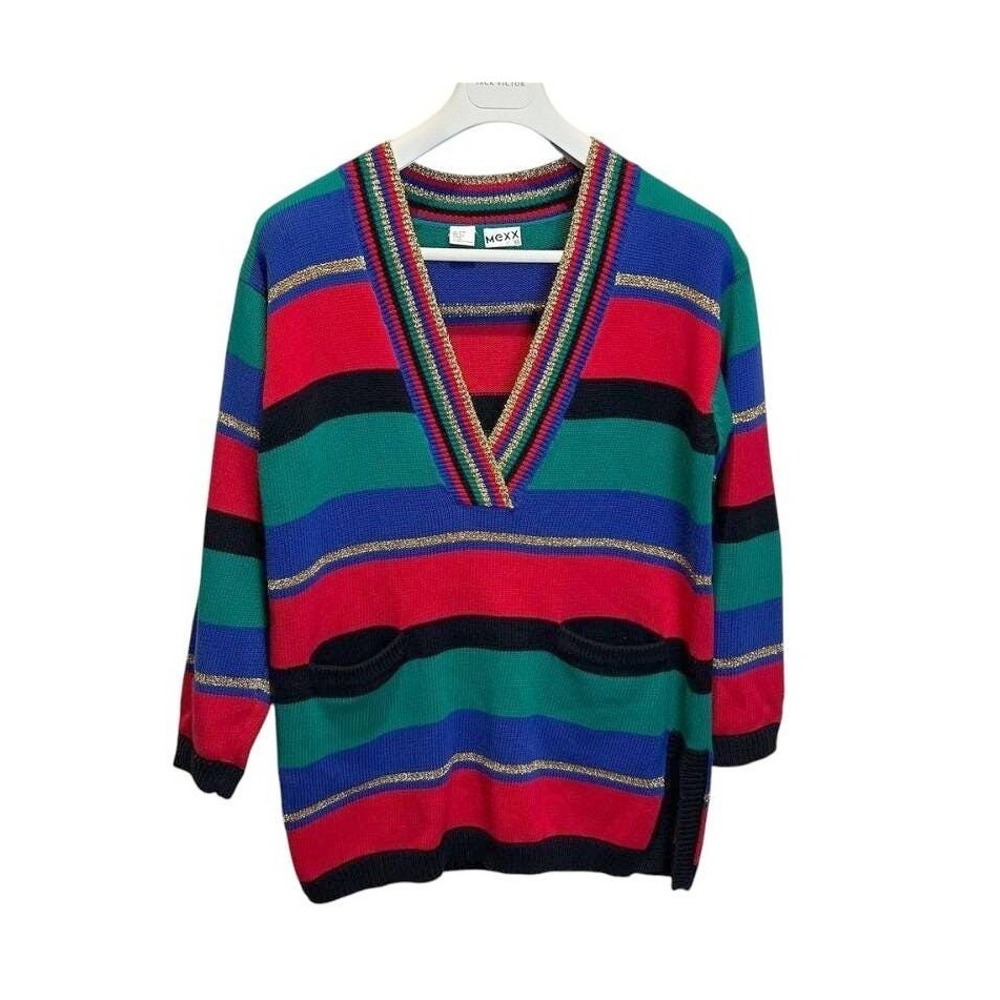 MEXX Vintage Striped Sweater V-Neck Gold Accents Pockets‎ Colorful Size M